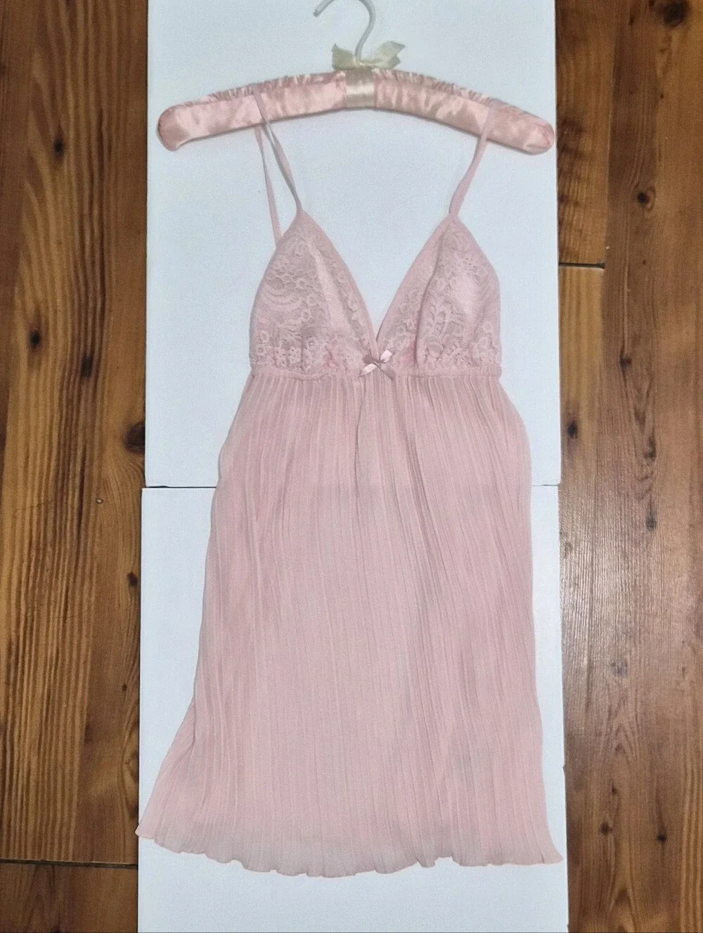 Delicate Blush Lace & Pleated Chemise with Bow Accent